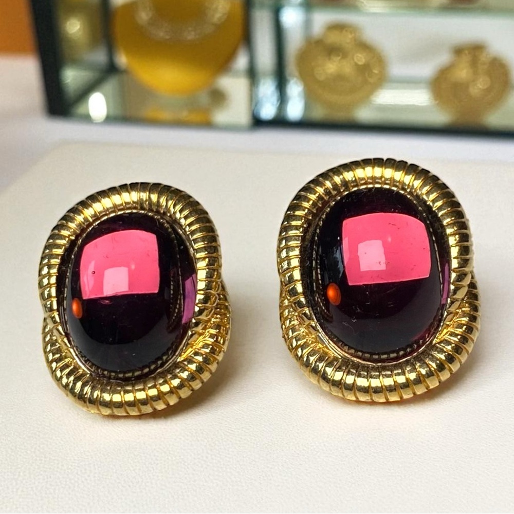 Gripoix-style Pierced Gold Rope Wrapped w/ Plum Colored Cabochon Earrings